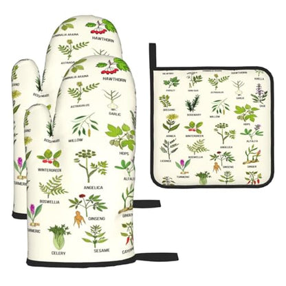 Cute Herbs Botanic Garden Plants Oven Mitts and Pot Holders Sets Heat Resistant for Kitchen BBQ Microwave Baking Grilling Cooks Set of 3 Kitchen Oven Glove - color: Cute Herbs
