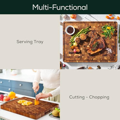 EZ FURNITURE Medium (M) Teak End Grain Cutting Board, Reversible, Knife-Friendly Charcuterie Wood Cutting Board with Juice Groove & Handles, Non-Toxic, Gift Box Included (7" x 13" x 1.5") - color: M - Teak End Gain, size: 17"L x 13"W
