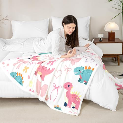 Cute Dino Kids Fleece Blanket,Kawaii Bowknot Heart Princess Style Throw Blanket for Adult,Pink Blue Dinosaur Cartoon Animal Lightweight Polyester Sofa Sherpa Blanket, Queen (90 x 90 Inch) - color: 01 White Pink, size: Queen