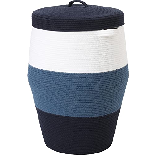 26"x20" Extra Large Tall Woven Laundry Basket with Lid, Cotton Rope Blanket Storage Basket, Freestanding Decorative Bin for Bedroom Living Room, White Denim & Navy - color: Dark Blue/Deep Blue Lid, size: 26"x20"