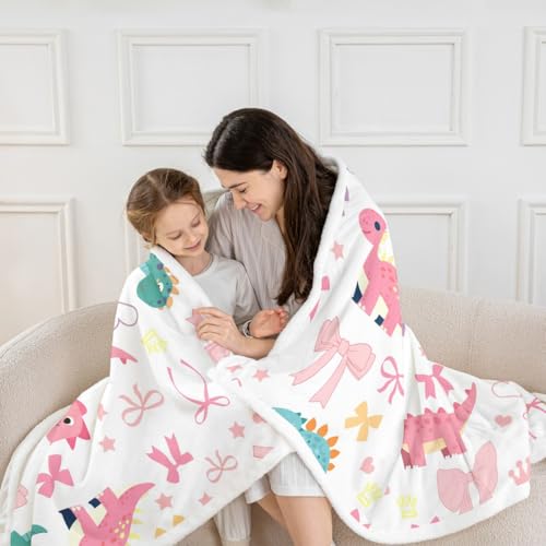 Cute Dino Kids Fleece Blanket,Kawaii Bowknot Heart Princess Style Throw Blanket for Adult,Pink Blue Dinosaur Cartoon Animal Lightweight Polyester Sofa Sherpa Blanket, Queen (90 x 90 Inch) - color: 01 White Pink, size: Queen