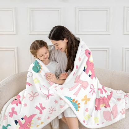 Cute Dino Kids Fleece Blanket,Kawaii Bowknot Heart Princess Style Throw Blanket for Adult,Pink Blue Dinosaur Cartoon Animal Lightweight Polyester Sofa Sherpa Blanket, Queen (90 x 90 Inch) - color: 01 White Pink, size: Queen