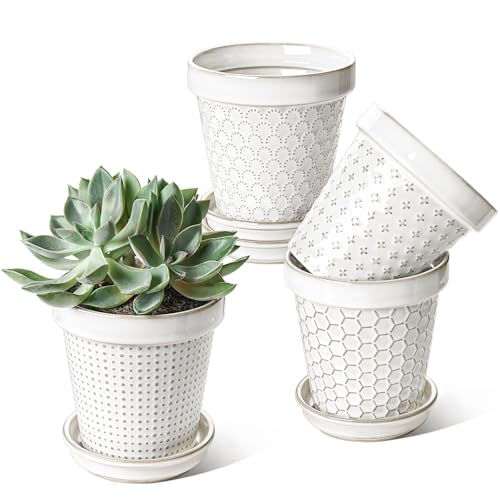 LE TAUCI Ceramic Plant Pots, 4.9 Inch Flower Pots with Drainage Hole & Saucer, Embossed Planter Pots for Indoor Plant Succulent, Orchid, Cactus, Home Decor - Set of 4, Arctic White - size: 4.9 inch