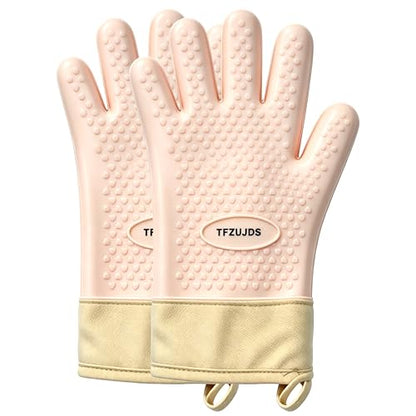 Silicone Oven Gloves with Fingers Heat Resistant 450°F in Kitchen | 1Pair Silicone Oven Mitts, Waterproof, Non-Slip, Extended Cuff Cotton Lined Kitchen Mitts for Baking Cooking Barbecue (Pink) - style: pink-large