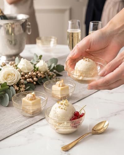 bUCLA 50 Pack Plastic Prep Bowl Sets, 6oz Gold Glitter Small Pinch Bowls | Small Bowls for Salt, Spices, Chopped Ingredients, Dipping Sauces, Ice Cream Toppings, Pudding - color: Gold Glitter, size: 6oz