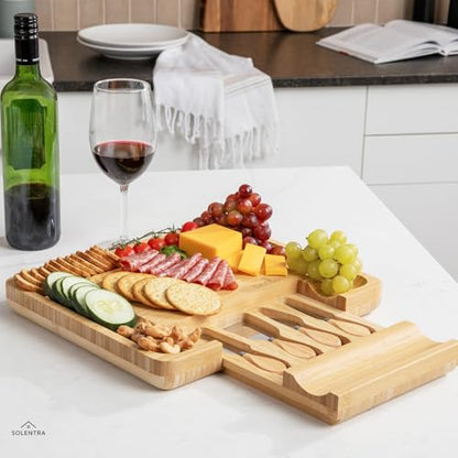 Bamboo Cheese Board with Knife Set – 13.5" x 11.5" Large Charcuterie Board with Hidden Utensil Drawer, Serving Platter for Wine & Appetizers