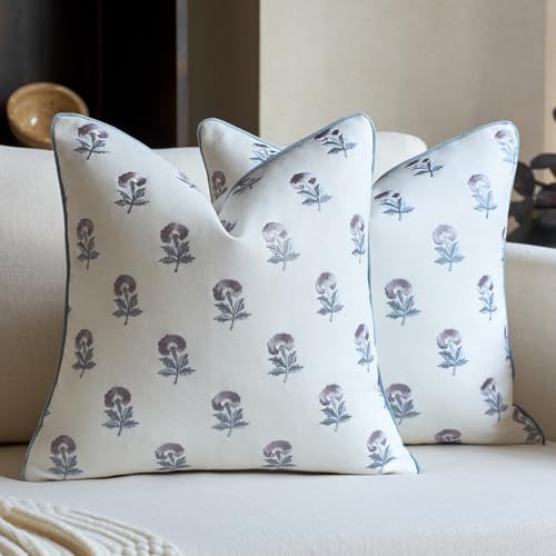 FIOUOVO Embroidered Floral Pillow Covers 18x 18 Set of 2 Cotton Farmhouse Throw Pillow Covers with Piping Edge Decorative Cushion Covers for Sofa Couch Bedroom Living Room, Azure Grey - color: Azure Grey, size: 18" x 18" (Pack of 2)