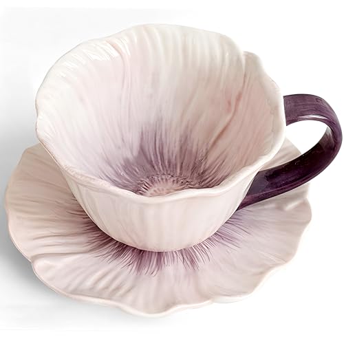 10 oz Tea Cups and Saucers, Ceramic Flower-shaped Cappuccino Cup, Latte Cup and Saucer set, elegant floral Espresso Cup set, Suitable for microwave and dishwasher-Purple - color: Purple
