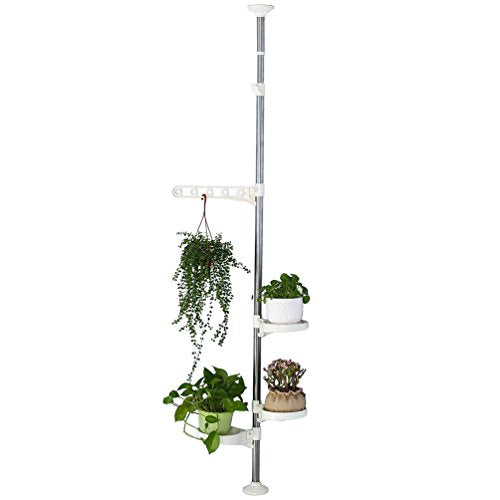 BAOYOUNI Plant Stand Tension Rod, 3 Trays&1 Arm Adjustable Ivory | Window Sill Flower Display Rack, Vertical 4-Tier Corner Storage，Indoor Pole Hanger for Counter Top & Home Decor - color: Ivory, size: 1 x 4 Tier