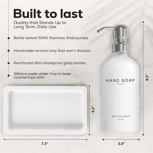 White Glass Soap and Lotion Dispenser Set by Brighter Barns - Bathroom Soap Dispenser Set Tray - Liquid Hand Soap Dispenser Pump - Modern Bathroom Accessories for Guest, Hotel, Spa, Restaurant (White) - color: White/Silver Sl
