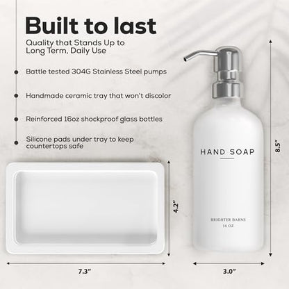White Glass Soap and Lotion Dispenser Set by Brighter Barns - Bathroom Soap Dispenser Set Tray - Liquid Hand Soap Dispenser Pump - Modern Bathroom Accessories for Guest, Hotel, Spa, Restaurant (White) - color: White/Silver Sl