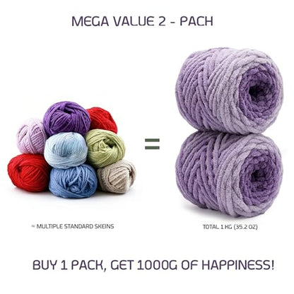 Beginner Chunky Yarn for Hand Knitting Ombre Blankets, Plush Chenille Fade | Long-fade ombre chenille chunky yarn - #7 Jumbo - 42oz/1200g - 81 Yards - Lavender Purple - color: Lavender Purple (0.8" Thick)