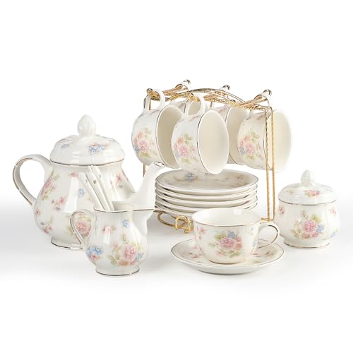 Sweejar 23 Pcs Floral Tea Sets with Metal Holder, Relief Gold Rim Porcelain Tea Sets for Adults, Cup and Saucer Set for 6, with Teapot, Sugar Bowl, Milk Jug, Spoons (Small Flower) - color: Small Flower