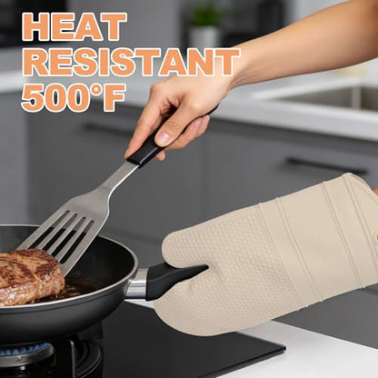 YUTAT Silicone Oven Mitts,Heat Resistant 2PCS Oven Mitts with Soft Polyester Filling,Perfect for Baking and Cooking,Khaki - color: Khaki-honeycomb Surface, size: 13“L x 7"W-2 Piece