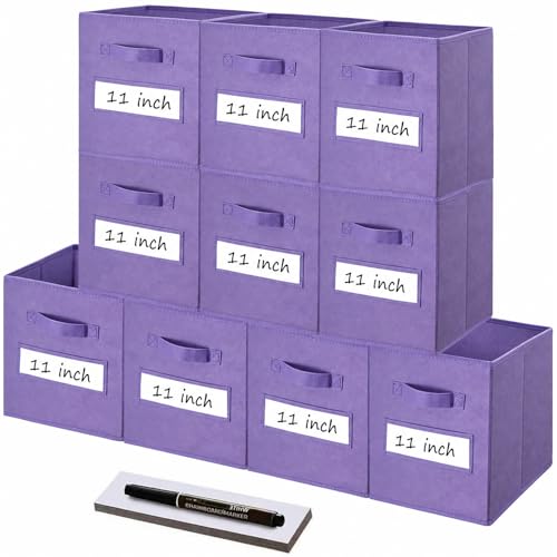 Storage Bins,11" Cube Storage Bin with Labels,10pcs,Purple | Fabric Storage Cubes for Shelves,11 Inch storage cube bins with 10 Labels Window Cards & a Pen. - color: Purple, size: 11"