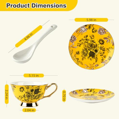 Elegant Floral Tea Cup and Saucer Set with Spoon | 7 oz - color: yellow01