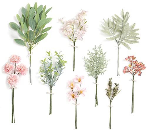 Serra Flora Artificial Greenery Stems Box Set,(Pack of 47pcs) with 9 Kinds of Faux Pink Green Filler for DIY Bridal Bouquets Wedding Floral Arrangement Table Centerpieces - color: Green & Pink