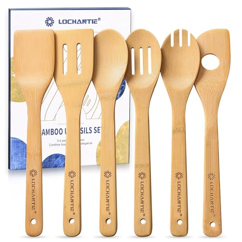 Wooden Spoons for Cooking Bamboo Utensils Set (6 Pieces) - Essential Tools Wooden Spoons & Spatula for Everyday Stirring, Mixing, Flipping & Serving, Gentle on Nonstick Cookware