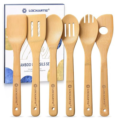 Wooden Spoons for Cooking Bamboo Utensils Set (6 Pieces) - Essential Tools Wooden Spoons & Spatula for Everyday Stirring, Mixing, Flipping & Serving, Gentle on Nonstick Cookware