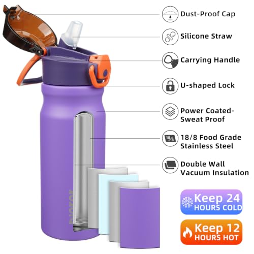 BJPKPK 18 oz Water Bottle with Straw & Handle, Insulated Stainless Flask | Leak Proof Locking Lid, Thermal, Double Wall Vacuum, Keeps Hot/Cold, BPA Free, Dishwasher Safe, Travel & Sports, Purple - color: Purple, size: 18 Ounces