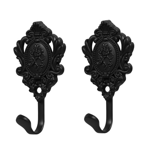 MAGICLULU 2pcs Vintage Metal Wall Mounted Coat Hooks with Embossed Design, Rustic Black Decorative Hat and Purse Hangers for Entryway, Bathroom, Kitchen Storage