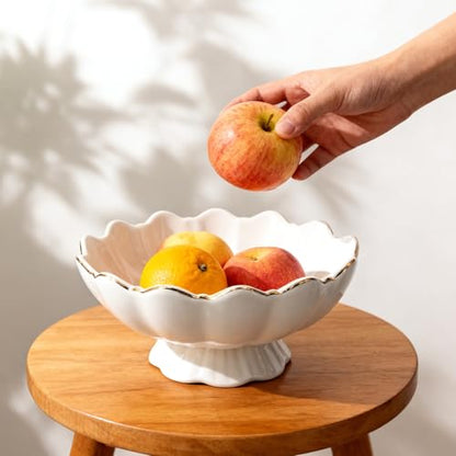White Small Decorative Bowl 8 Inch Ceramic Key & Fruit Bowl Ruffle Lotus Shape with Gold Rim Candy Bowl, Multi-Use Centerpiece Pedestal Bowls for Kitchen Counter, Coffee Table, Entryway, Wedding