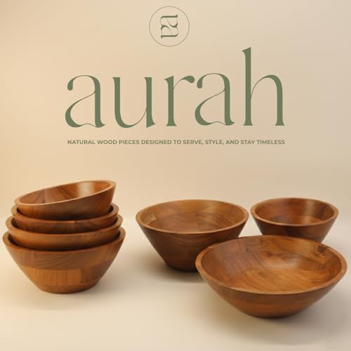 Aurah Salad Bowl, 2.3 Qt Acacia Wood Mixing & Serving Bowl, Small Size | Kitchen & Outdoor Dining Wooden Bowls for Salad, Pasta and Fruits, 8" Diameter x 4.2" Height - size: Small