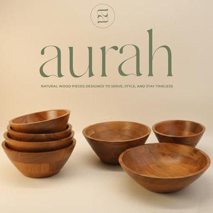 Aurah Salad Bowl, 2.3 Qt Acacia Wood Mixing & Serving Bowl, Small Size | Kitchen & Outdoor Dining Wooden Bowls for Salad, Pasta and Fruits, 8" Diameter x 4.2" Height - size: Small