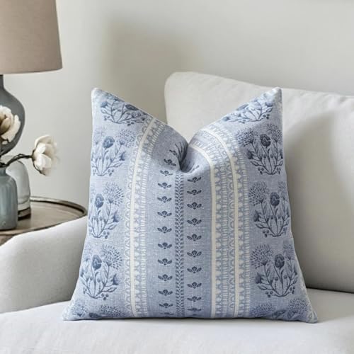 Blue Strips Throw Pillow Cover Floral 18x18 inch Neutral | Farmhouse Pillow Covers Coastal Boho Deco Couch Cushion for Sofa Living Room Bedroom - color: Grey Blue