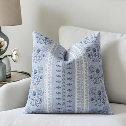Blue Strips Throw Pillow Cover Floral 18x18 inch Neutral | Farmhouse Pillow Covers Coastal Boho Deco Couch Cushion for Sofa Living Room Bedroom - color: Grey Blue