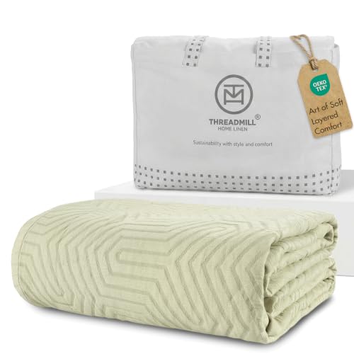 Threadmill Luxury Cotton Blankets for Queen Size Bed | All-Season 100% Cotton Queen Size Blanket | Aster Cozy Lightweight, Soft Breathable Coverlet fits Full Size Bed, 90x92 | Sage Green | 100% Cotton, Jacquard Pattern, 90x90 in, Breathable, All-Season, L