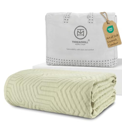Threadmill Luxury Cotton Blankets for Queen Size Bed | All-Season 100% Cotton Queen Size Blanket | Aster Cozy Lightweight, Soft Breathable Coverlet fits Full Size Bed, 90x92 | Sage Green | 100% Cotton, Jacquard Pattern, 90x90 in, Breathable, All-Season, L