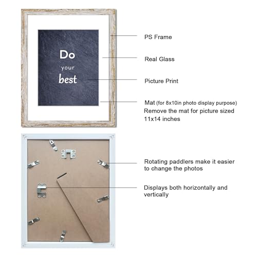Rustic Distressed Retro Style White Frame 11x14 Picture Frame Set of 3 with Real Glass for Pictures 8x10 with Mat or 11x14 Without Mat, Wall Gallery or Tabletop display - size: 11x14(set of 3)