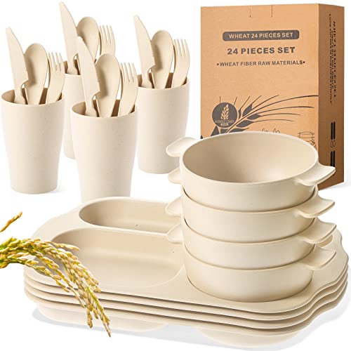 Honoson 24 Pcs Wheat Straw Dinnerware Cutlery Set, Service for 4, Unbreakable Plates and Bowls Set - Divided Plates, Bowls, Spoons, Forks & Knives, Microwave & Dishwasher Safe(Beige) - color: Beige