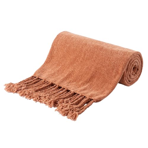BATTILO HOME Caramel Chenille Throw Blanket for Couch, Soft Cozy Knitted Throw with Tassels, Lightweight Fall Orange Rust Blanket for Fall Decor Bed Sofa Living Room, 50"x60" - color: Caramel