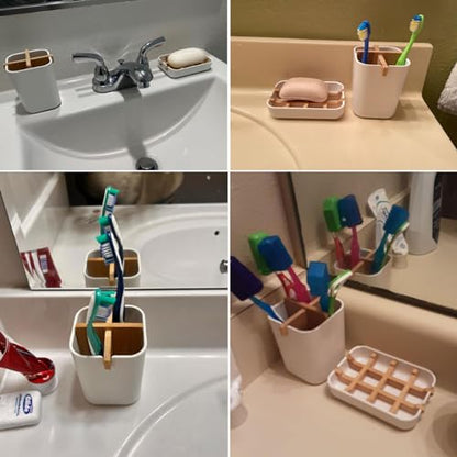 Toothbrush Holders and Soap Holder Set, Bathroom Accessories Countertop | 4 Slots Brush Holder, Plastic Soap Dish Tray, Bathroom Countertop Storage - color: White