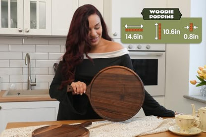Round American Dark Walnut Wood Cutting and Serving Board with Handle - Charcuterie Wooden Board - Stylish Versatility for Your Kitchen - 17x13x0.8 in - Woodie Poppins (Large)