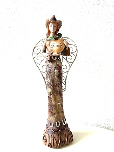 SUREG Western Cowgirl Angel Holding Cross, Family, Friend Figurine Statue Hand Painted Rustic Life-Like Detailed Home Office Decoration Poly Resin 1 Item (Holding Family Heart Sign) - color: Holding Family Heart Sign