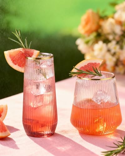 BESTSTAR 48Pack Gold Rim Disposable Ribbed Origami Ripple Plastic Glasses | 24 9 OZ Stemless Champagne Flutes & 24 12OZ Cups, BPA-Free Shatterproof Clear Drinkware for Weddings, Parties & Events - color: Clear Gold Rim Ribbed