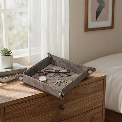 Valet Tray Desktop Storage Organizer – Vegan Leather Catchall Bedside Vanity Tray Nightstand Caddy Holder for Remote Controller, Watch, Keys, Phone, Wallet, Coin, Jewelry, Stone Gray Brown - color: Stone Gray Brown