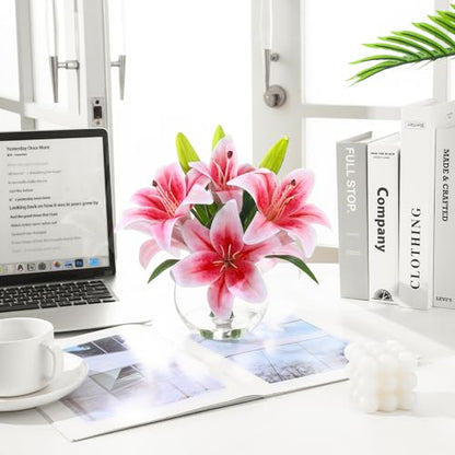 Artificial Tiger Lily Arrangement in Glass Vase, Realistic Touch Silk Flowers, FakeLilies with Faux Water - color: Light Pink