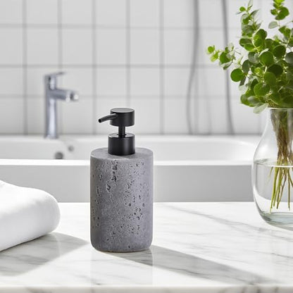 Clasin Home 2 Pack Gray Resin Soap Dispensers, Refillable Liquid Lotion Dispenser Bottles with Travertine-Look for Bathroom and Kitchen Countertop, Modern Stone Texture (10.8 oz) - color: Gray