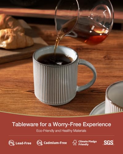 famiware Coffee Mug Set for 4, Star 12 oz Catering Mugs Cup Set with Handle for Coffee, Tea, Cocoa, Milk - Ceramic Stoneware Drinkware Set, Smoky Blue | Stoneware Stackable Catering Cup for Coffee, Tea, Cappuccino, Latte, Microwave & Dishwasher Safe, Smok