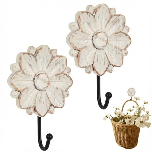 Weysat 2 Pcs Vintage Hooks for Wall Wood Farmhouse Towel Hooks Shabby Chic Wall Decor Boho Coat Hanger for Home Kitchen Office Keys Bags Towel (Floral) - style: Floral