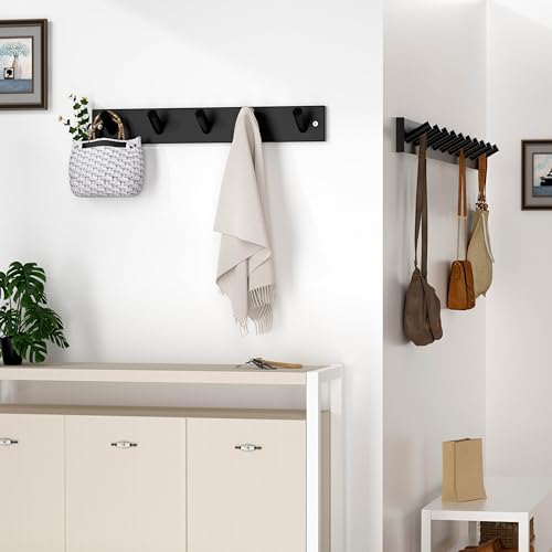 SKOLOO Coat Rack Wall Mount 17 inch, 5 Hooks, Bamboo, Shaker Style, Black | Wooden hooks for wall, painted finish, 100-lb cap, entry/bath/bed, hanging backpack coat towel hat, 16" stud spacing - color: Black, size: 17 inch