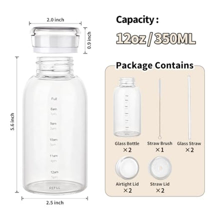 Glass Water Bottles with Lids, 12oz Juice Bottles, Glass Bottles with Straws and Time Marker, Reusable Water Bottle, Leak Proof Drinking Jars for Smoothies, Juicing, Milk,Bubble Tea - size: 12oz