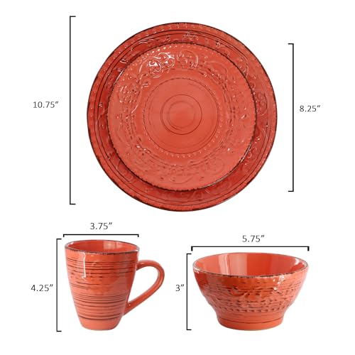 Elama Malibu Jasper 16-Piece Stoneware Embossed Pattern Reactive Glaze Orange Dinnerware Set, Tableware, Serveware Set (Jasper Orange) - color: Jasper Orange