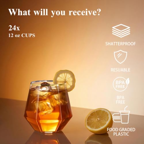 BESTSTAR 48 Pack Gold Rim Plastic Wine Glasses Set, BPA-Free Shatterproof | 24 9 OZ Stemless Champagne Flutes & 24 12OZ Diamond Wine Whiskey Glasses, Clear Drinkware for Weddings, Parties & Events - color: Gold Rim Diamond