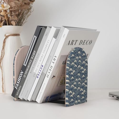 Japanese Water Wave (1) Print Wooden Bookends,1 Pair Book Ends,Book Organizer for Office Desk, Home and School
