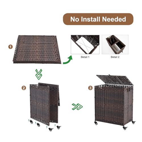 Laundry Hamper with Wheels&Lid, 50.2 Gallons(190L) Rolling Laundry Basket with Wheels, 3-Section Laundry Hamper, Handwoven Rattan Clothes Hamper with 6 Removable Liner& 3 Mesh Laundry Bags, Brown - color: Brown